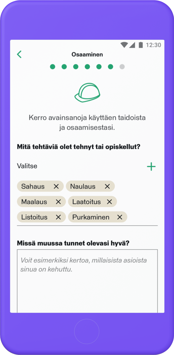 Mobiilisovelluksen näkymä, jossa kysytään osaamisesta