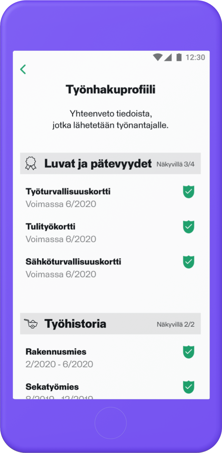 Näkymä mobiilikäyttöliittymästä, jossa näkyvät suoritetut luvat ja tutkinnot